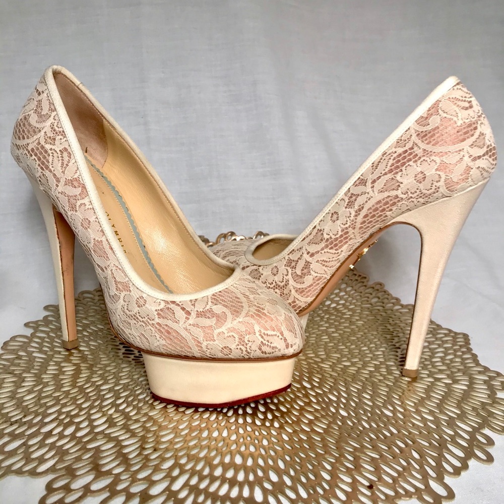Charlotte Olympia Ivory Polly Lace Platform Pumps